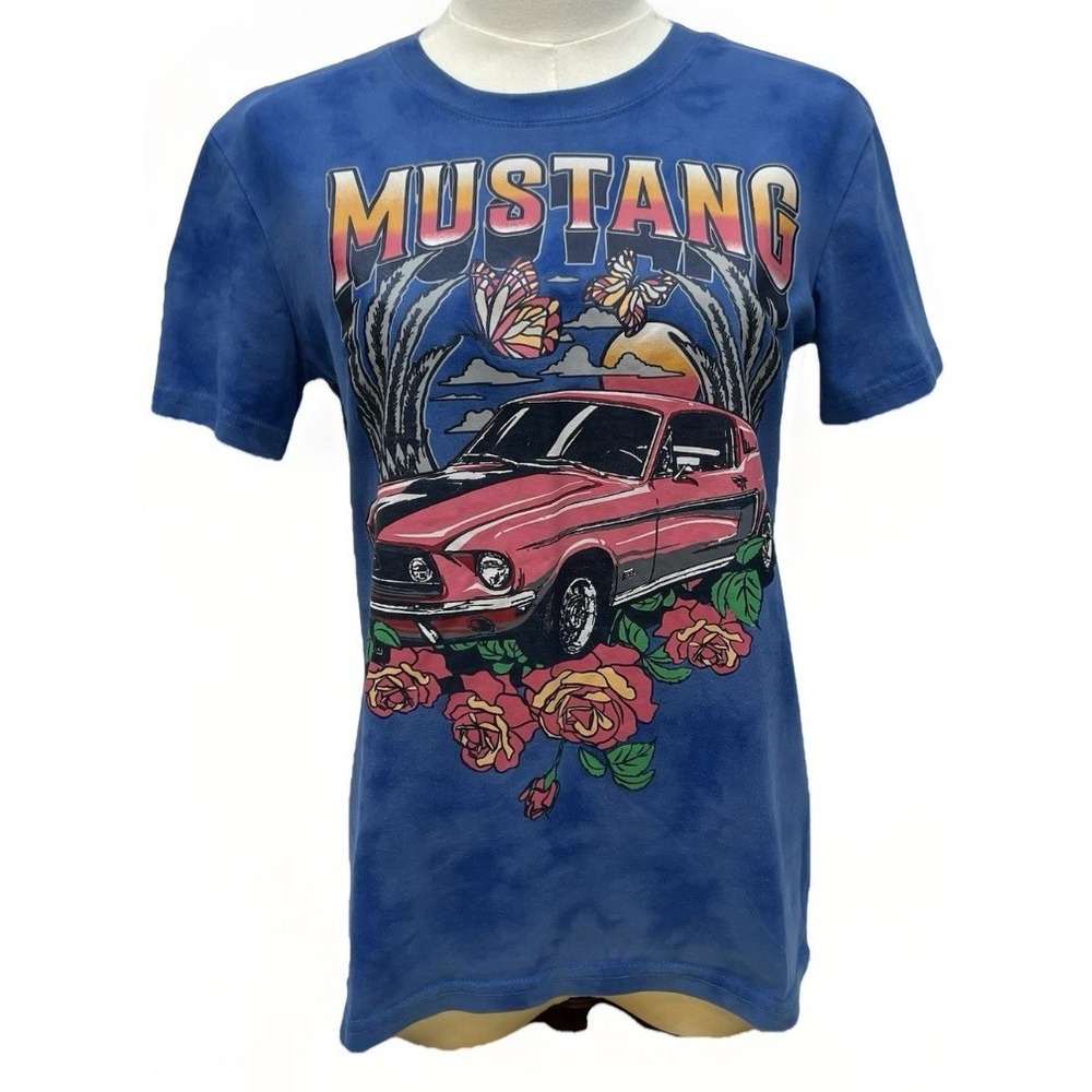 Ford Mustang Blue Acid Wash Tie Dye Graphic Tee Shirt Small S‎